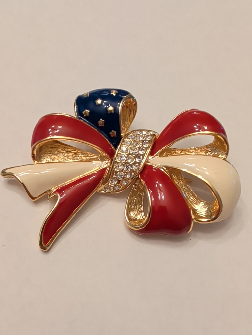 Joan Rivers Red, White & Blue Enamel Bow Brooch with Crystals